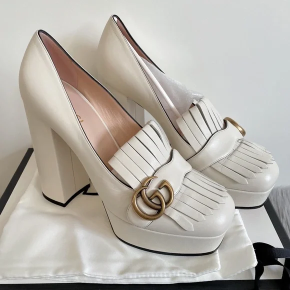 Gucci White Platform Fringe Loafer Pumps with Gold Double G - Picture 6 of 9